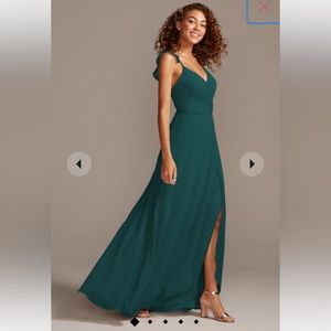 David’s Bridal ruffle spaghetti strap chiffon bridesmaid dress in Gem size 4